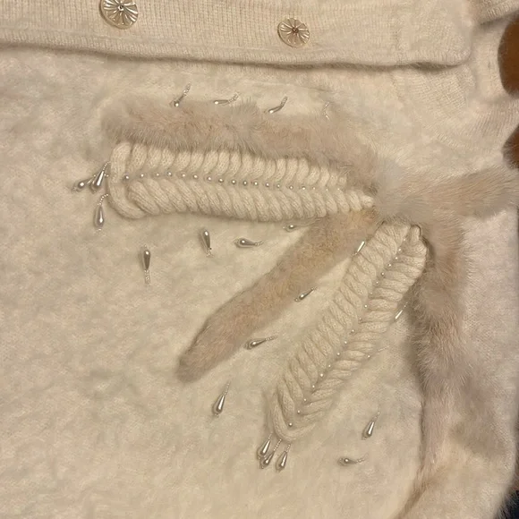 White Textured Knit Cardigan with Ribbed Details - Picture 3 of 6